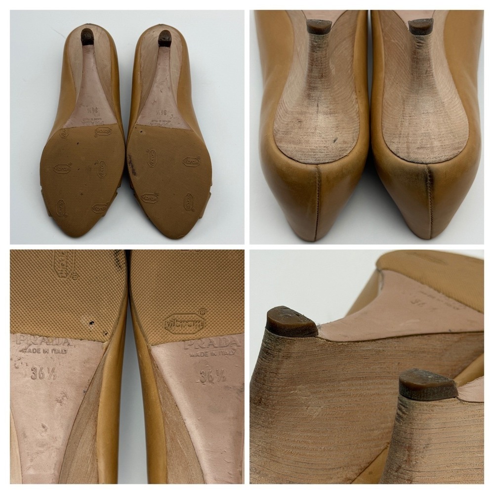 Prada Milano Women's Size 36.5 Tan Leather Peep Toe Wedge Heels Made in Italy - Picture 7 of 8